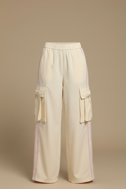 Pantalon Cargo Écru Ample Poches Latérales Streetwear - Beige Gabardine - vue 3