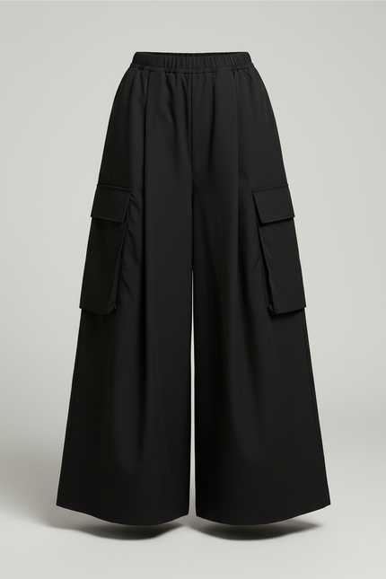 Pantalon Cargo Noir Ample Fluide Poches Femme - Gabardine - vue 3