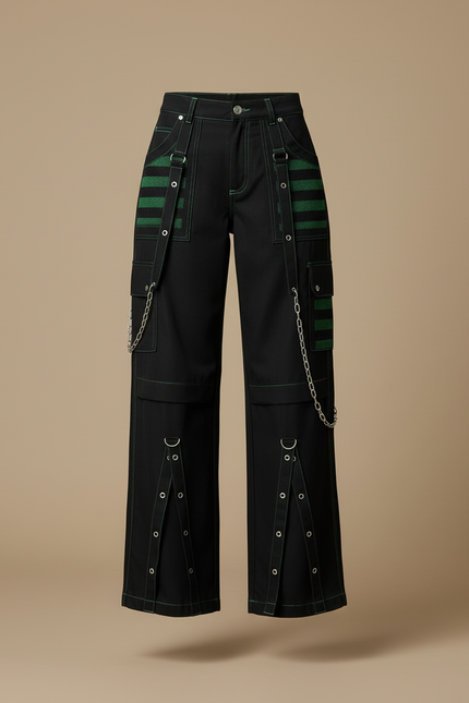 Pantalon Cargo Noir Rayures Vertes Chaînes Gothique Femme - Toile - vue 3