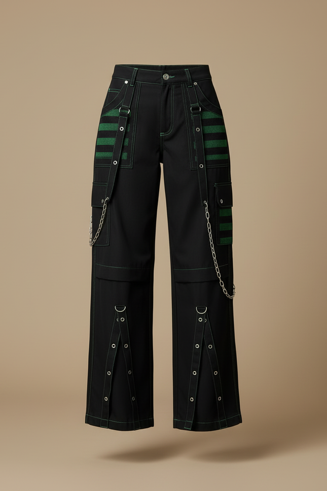 Pantalon Cargo Noir Rayures Vertes Chaînes Gothique Femme - Toile - vue 3