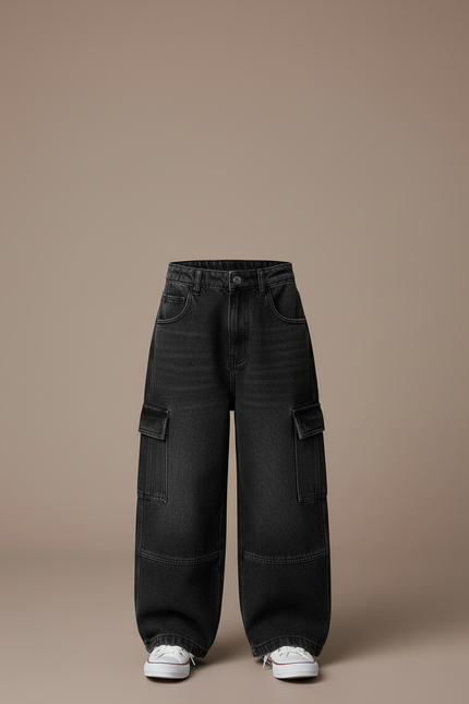 Pantalon Cargo Noir Ample Denim Multipoches Enfant - Jean - vue 3
