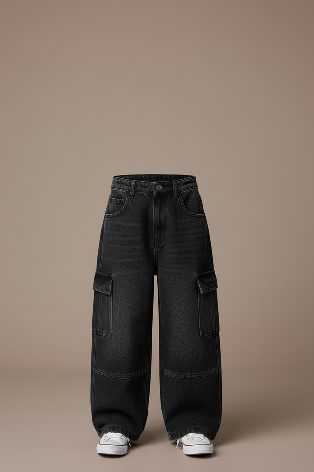 Pantalon Cargo Noir Ample Denim Multipoches Enfant - Jean - vue 3