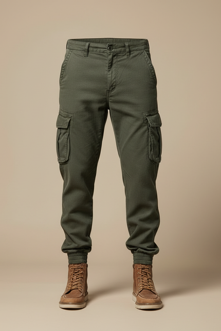 Pantalon Cargo Vert Militaire Slim Multipoches Homme - Kaki Toile - vue 3