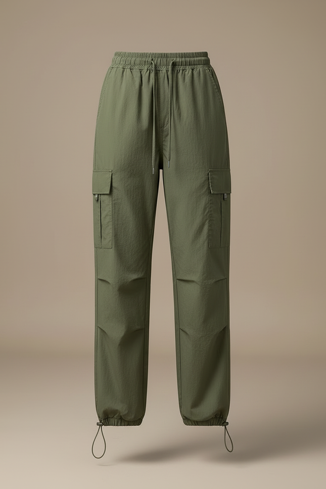 Pantalon Cargo Vert Militaire Ample Taille Élastique Femme - Kaki Polyester - vue 3