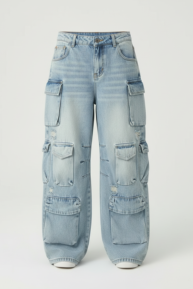 Pantalon Cargo Ample Jean Délavé Multipoches Fille - Bleu - vue 3