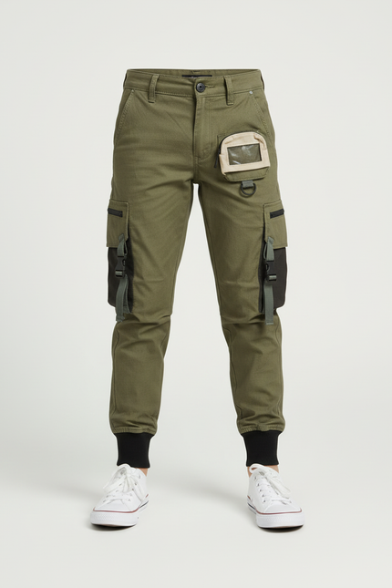Pantalon Cargo Vert Militaire Enfant Multipoches Jogger - Kaki Coton - vue 3
