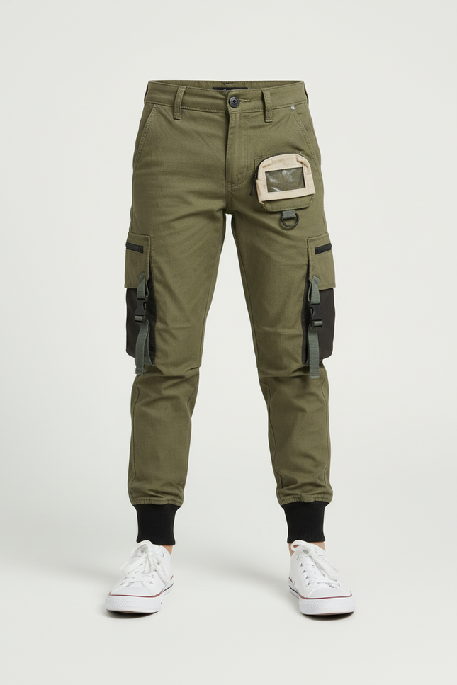 Pantalon Cargo Vert Militaire Enfant Multipoches Jogger - Kaki Coton - vue 3