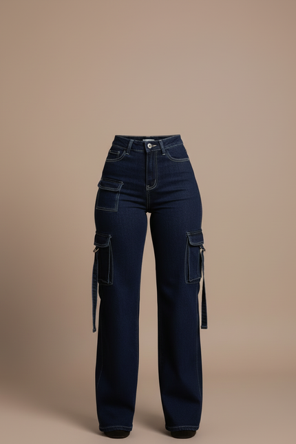 Pantalon Cargo Denim Bleu Taille Haute Ample Femme - Marine Jean - vue 3