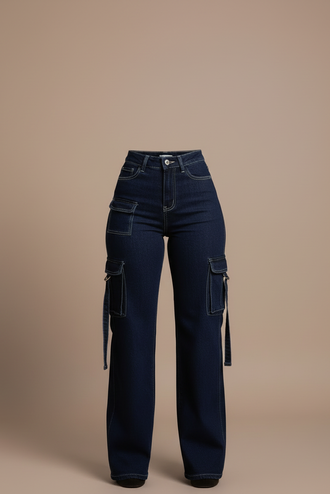 Pantalon Cargo Denim Bleu Taille Haute Ample Femme - Marine Jean - vue 3