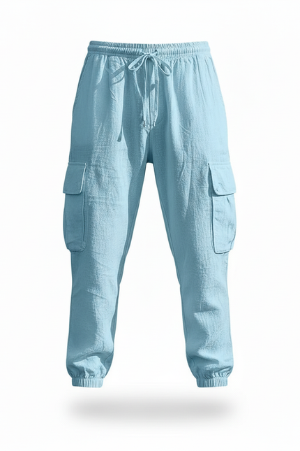 Pantalon Cargo Bleu Clair Lin Décontracté Multipoches Homme - vue 3