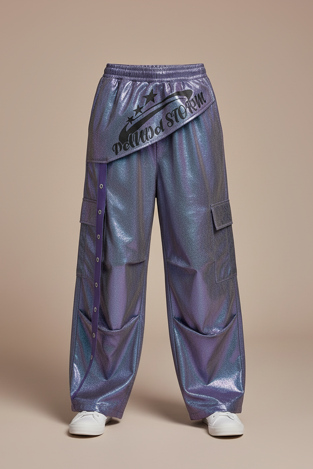 Pantalon Cargo Violet Brillant Ample Garçon Streetwear - Polyester - vue 3