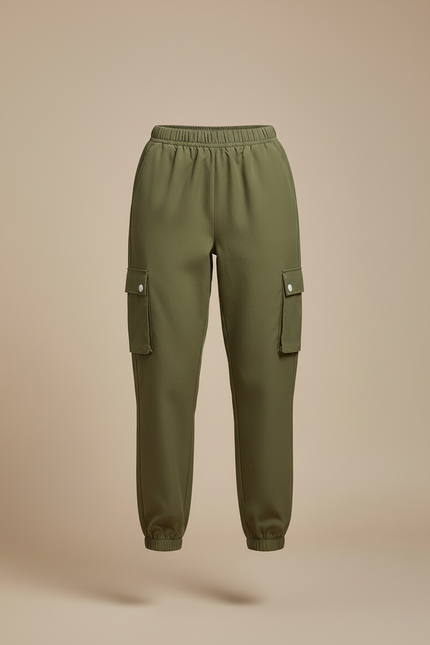Pantalon Cargo Vert Kaki Ample Élastiqué Multipoches Femme - Toile - vue 3