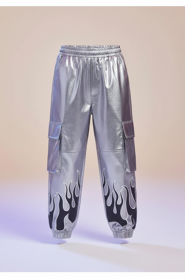 Pantalon Cargo Argenté Ample Flammé Brillant Enfant - Simili cuir - vue 3