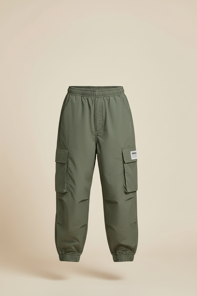 Pantalon Cargo Vert Ample Décontracté Multipoches Enfant - Kaki Polyester - vue 3