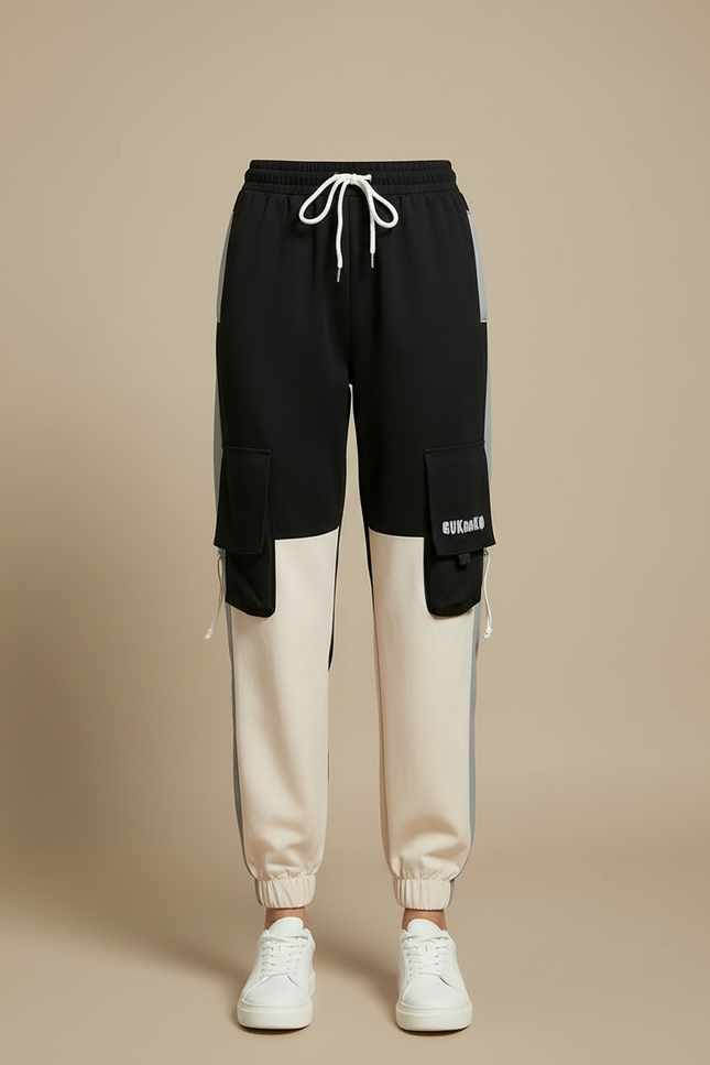 Pantalon Cargo Noir Décontracté Bicolore Multipoches Femme - Multicolore Polyester - vue 3