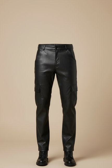 Pantalon Cargo Homme Noir Similicuir Droit Poches Latérales - Simili cuir - vue 3