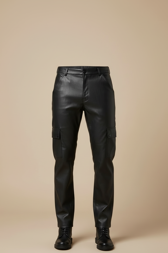 Pantalon Cargo Homme Noir Similicuir Droit Poches Latérales - Simili cuir - vue 3