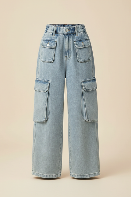 Pantalon Cargo Jean Ample Poches Denim Enfant - Bleu - vue 3