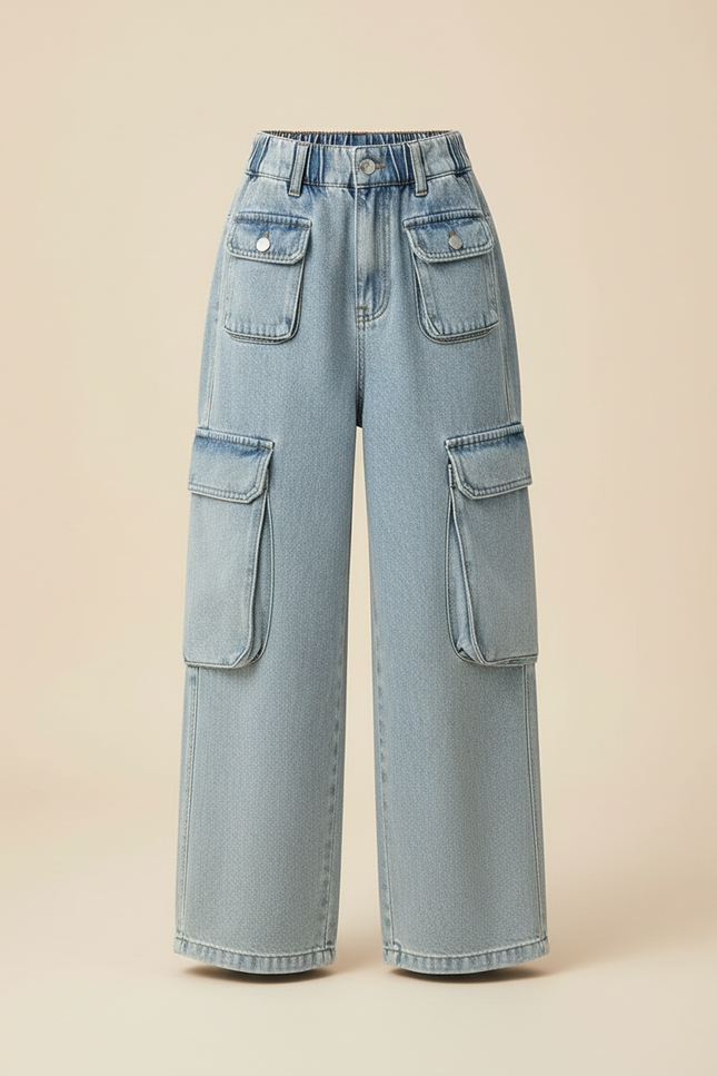 Pantalon Cargo Jean Ample Poches Denim Enfant - Bleu - vue 3