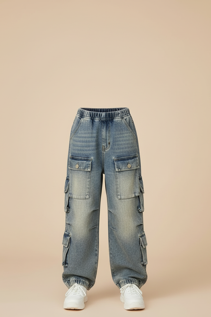 Pantalon Cargo Denim Ample Multipoches Enfant - Bleu Jean - vue 3