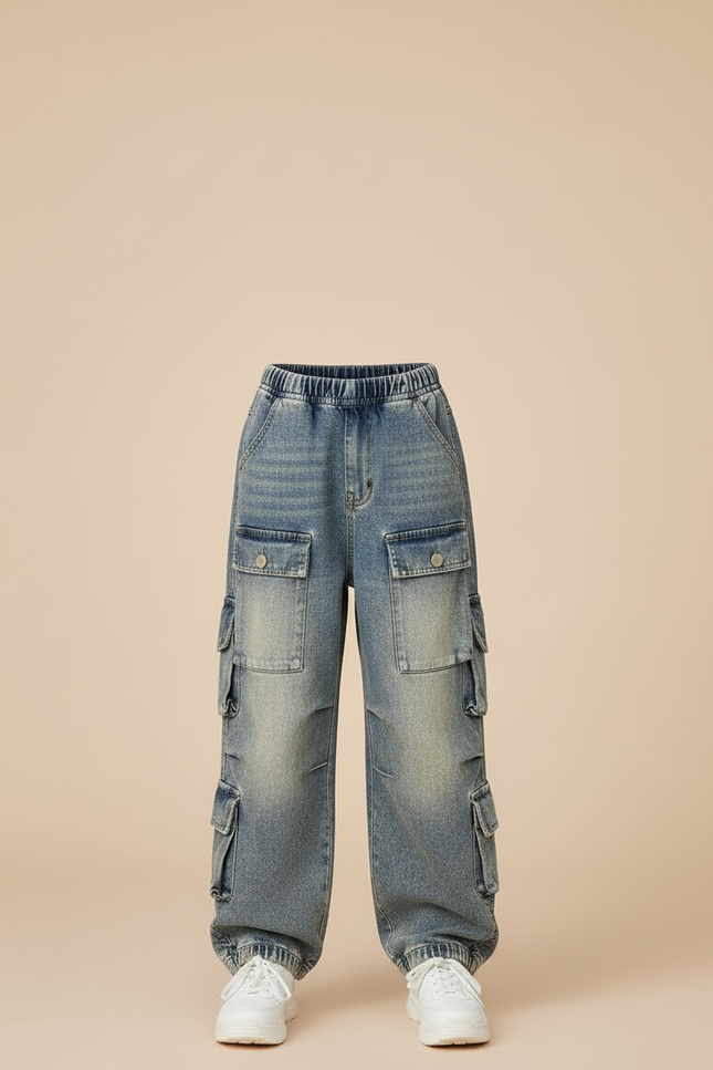 Pantalon Cargo Denim Ample Multipoches Enfant - Bleu Jean - vue 3