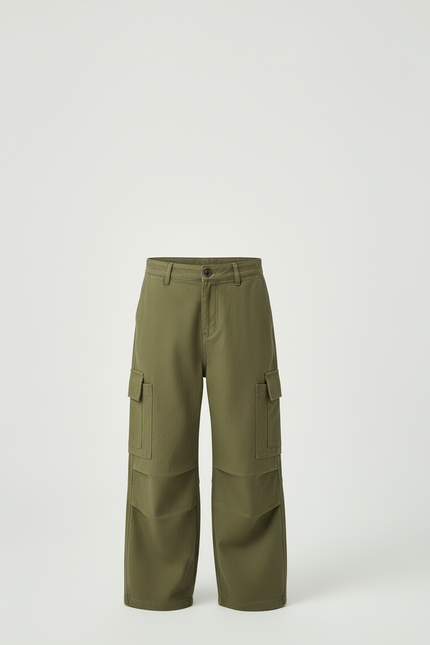 Pantalon Cargo Kaki Ample Coton Multipoches Garçon - Toile - vue 3