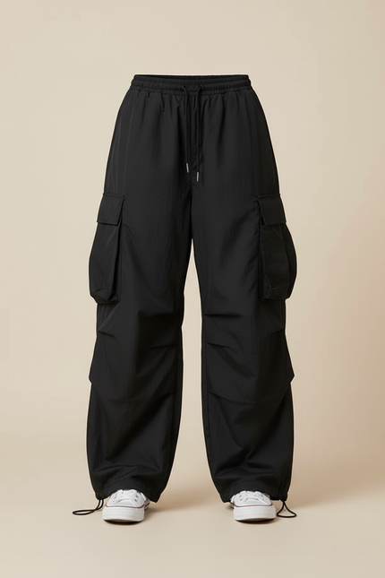 Pantalon Cargo Noir Ample Fluide Multi-Poches - Polyester - vue 3