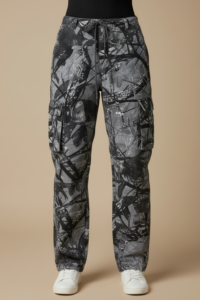 Pantalon Cargo Camouflage Ample Gris Multipoches Décontracté - Toile - vue 3