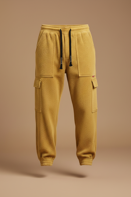 Pantalon Cargo Jaune Côtelé Ample Décontracté Jogger - Cordé - vue 3