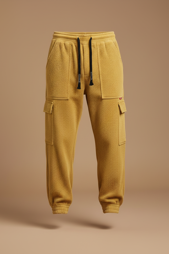 Pantalon Cargo Jaune Côtelé Ample Décontracté Jogger - Cordé - vue 3