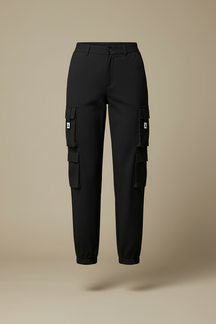 Pantalon Cargo Noir Femme Multipoches Ajusté Élastique - Polyester - vue 3
