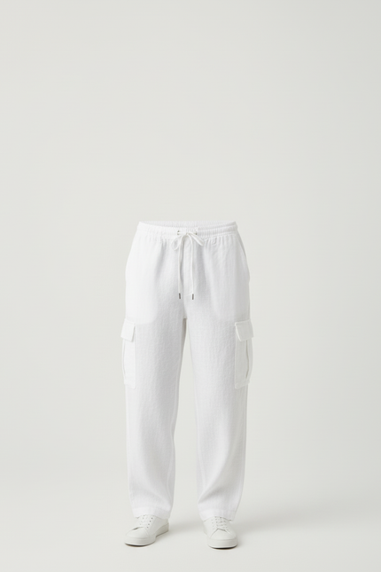 Pantalon Cargo Blanc Lin Ample Décontracté Homme - vue 3