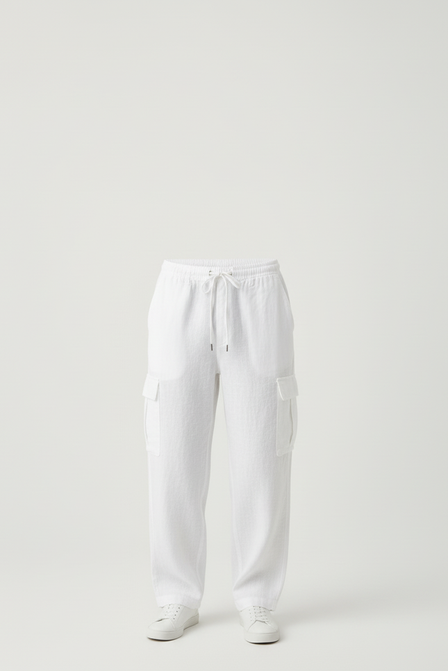 Pantalon Cargo Blanc Lin Ample Décontracté Homme - vue 3