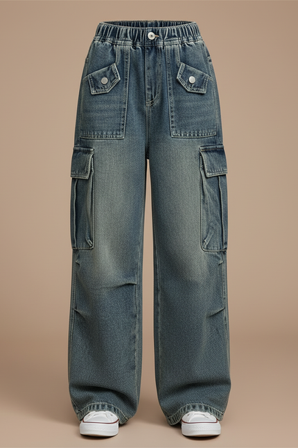 Pantalon Cargo Denim Ample Poches Larges Enfant - Bleu Jean - vue 3