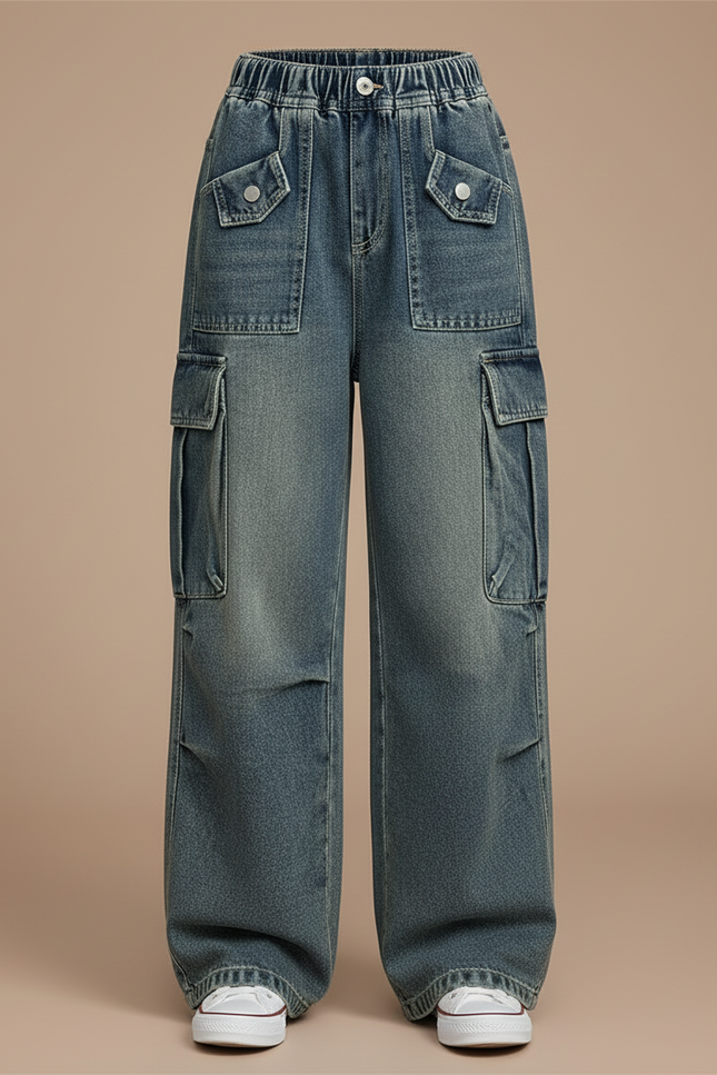 Pantalon Cargo Denim Ample Poches Larges Enfant - Bleu Jean - vue 3