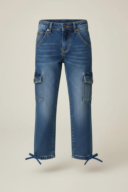 Pantalon Cargo Denim Bleu Multipoches Garçon Laçage - Jean - vue 3