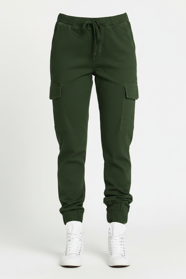 Pantalon Cargo Vert Kaki Femme Cordon Élastique - Gabardine - vue 3