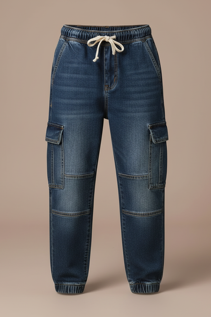 Pantalon Cargo Jean Bleu Cordon Cheville Enfant Garçon - vue 3