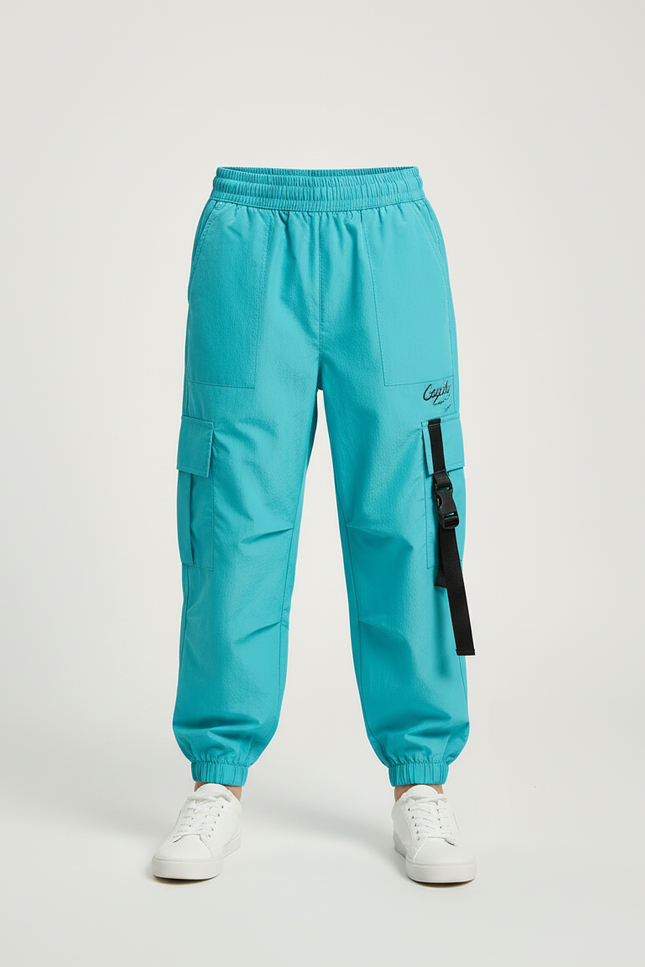 Pantalon Cargo Turquoise Ample Poches Sangles Enfant - Bleu Polyester - vue 3