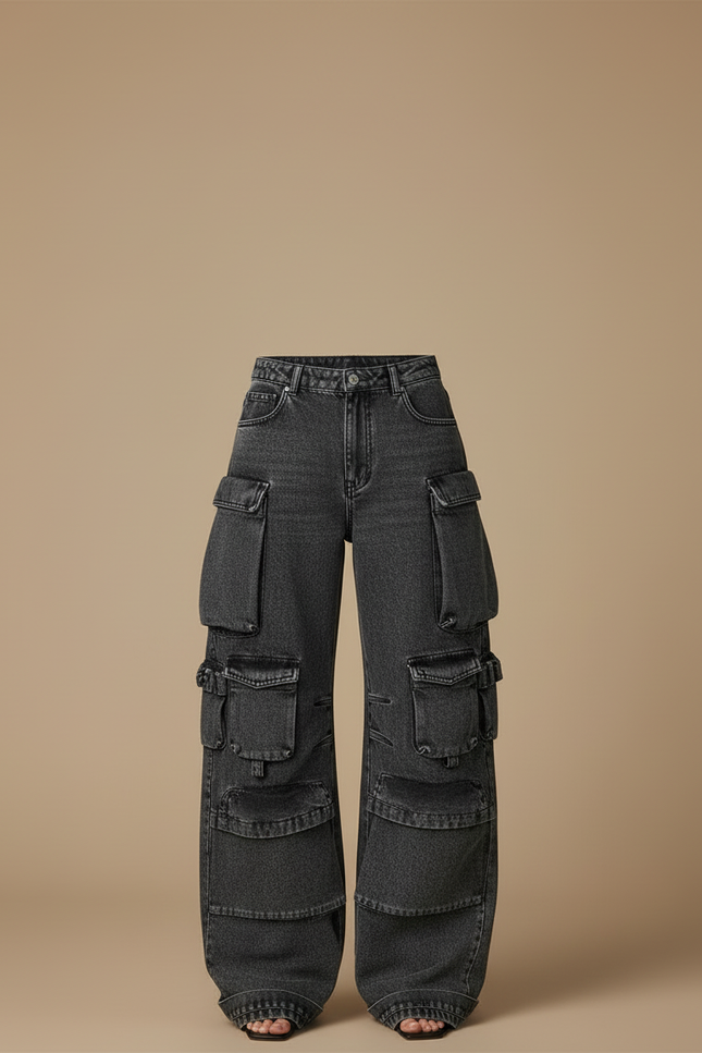 Pantalon Cargo Baggy Denim Gris Multipoches Vintage Femme - Jean - vue 3
