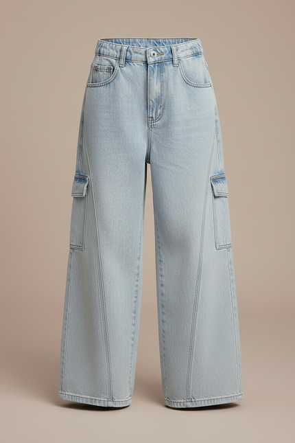 Pantalon Cargo Bleu Clair Ample Coton Enfant - Jean - vue 3