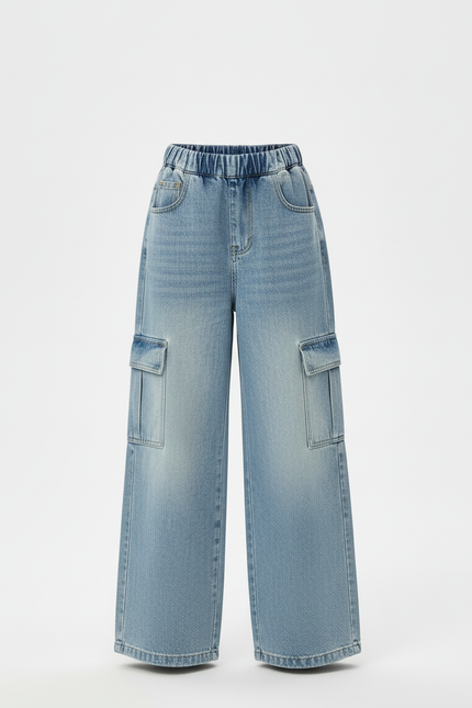 Pantalon Cargo Denim Ample Fille Taille Haute Poches - Bleu Jean - vue 3