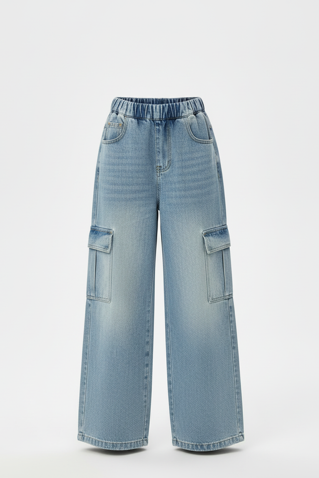 Pantalon Cargo Denim Ample Fille Taille Haute Poches - Bleu Jean - vue 3