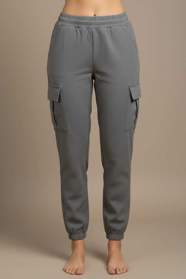 Pantalon Cargo Gris Coton Décontracté Élastique Femme - vue 3