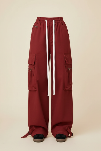 Pantalon Cargo Large Rouge Ample Cordon Fluide - Bordeaux Gabardine - vue 3