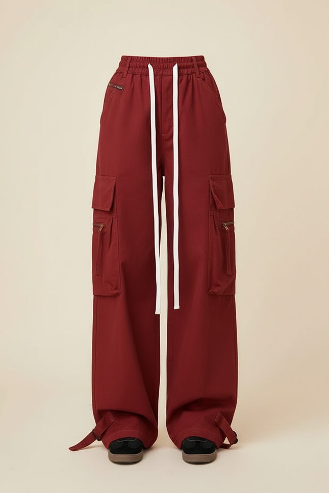 Pantalon Cargo Large Rouge Ample Cordon Fluide - Bordeaux Gabardine - vue 3