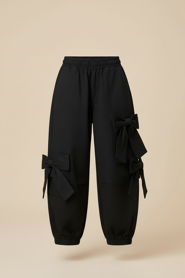 Pantalon Cargo Noir Ample Nœuds Fille - Toile - vue 3