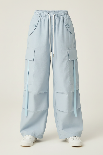 Pantalon Cargo Bleu Ciel Ample Poches Cordon Fille - Coton - vue 3