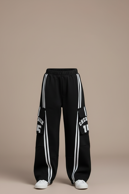 Pantalon Cargo Noir Rayures Blanches Large Fille - Molleton - vue 3