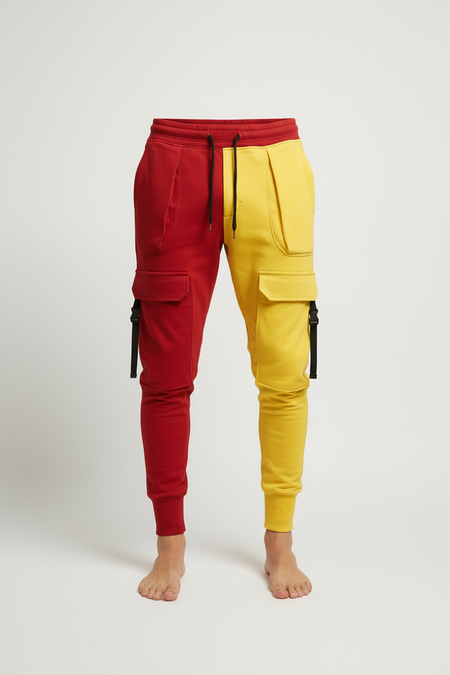 Pantalon Cargo Bicolore Rouge Jaune Multi-Poches Jogger - Multicolore Molleton - vue 3